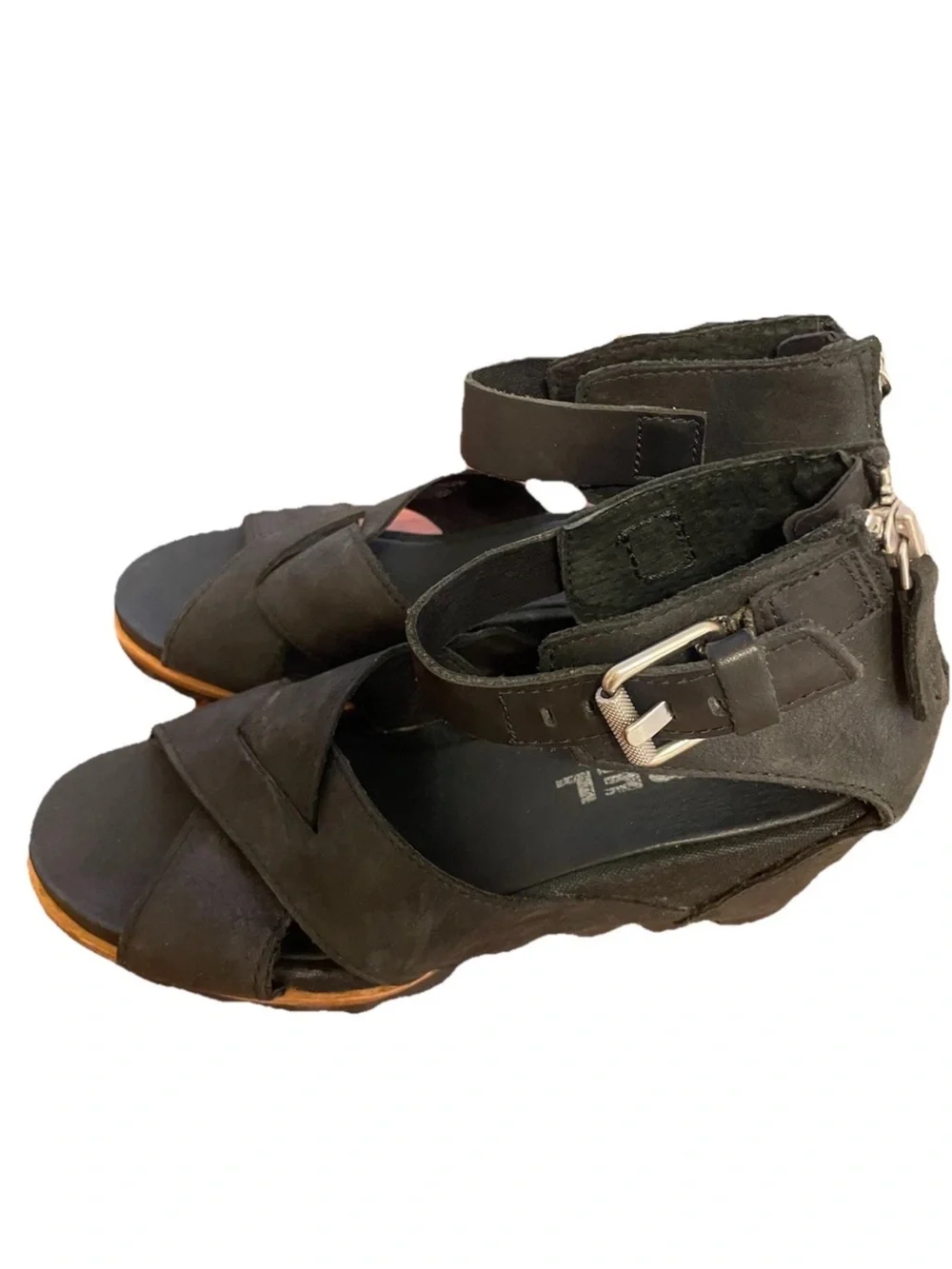 Sorel Joanie 2 Black Women's Ankle-Strap Wedge Sandals Criss Cross Leather